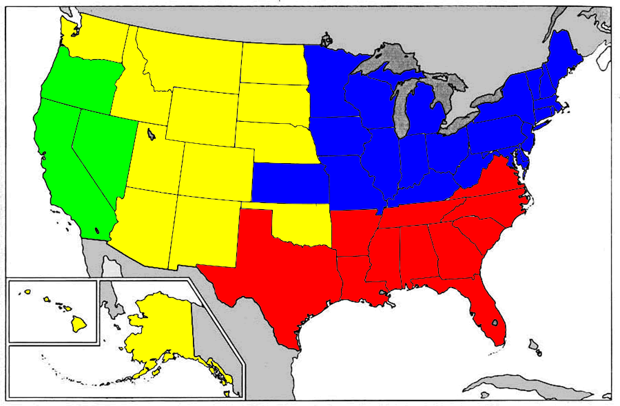 Civil War states (1861-1865): red - Confederacy, blue - Union,